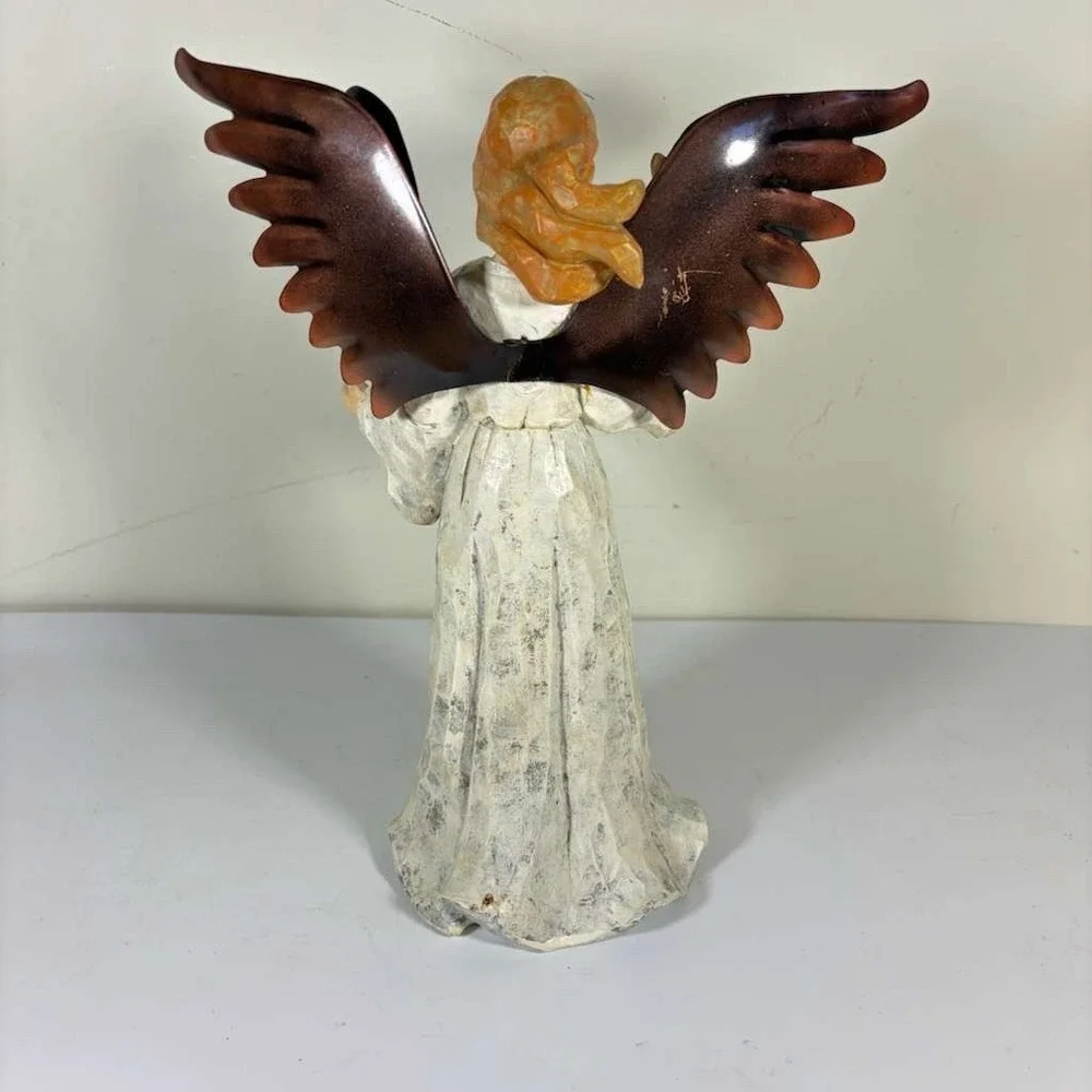 Angel‎ Sculpture Carved Wood Copper Metal Wings With Small Dove 11